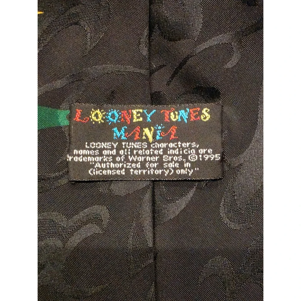 Vintage 1995 Looney Tunes Christmas Tie Taz Daffy Duck Holiday Black Silk Look